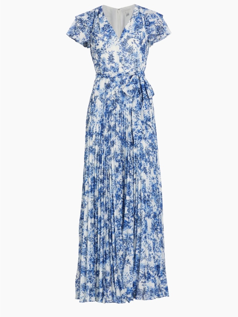 Monique Lhuillier Blue Floral V-Neck Pleated Maxi Dress